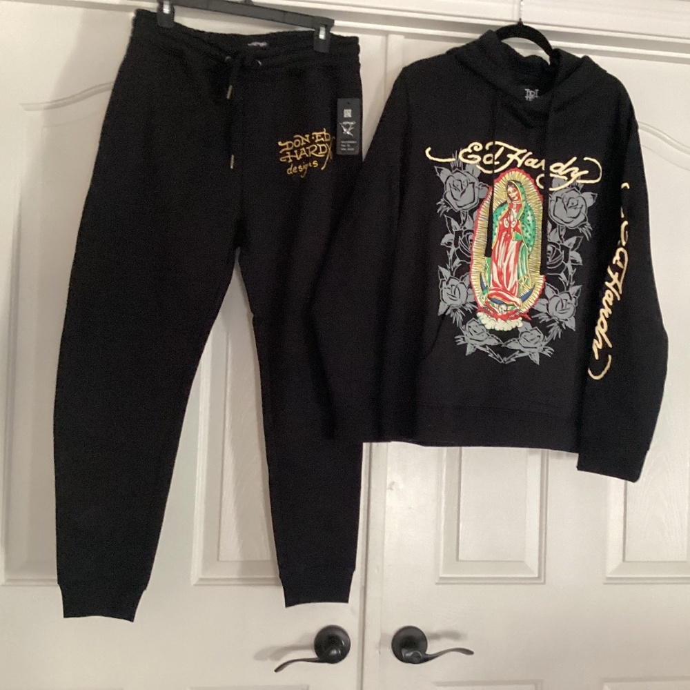 Ed Hardy Authentic Archival Mary 2 Pc Sweatsuit,Size Medium,Color Black NWT